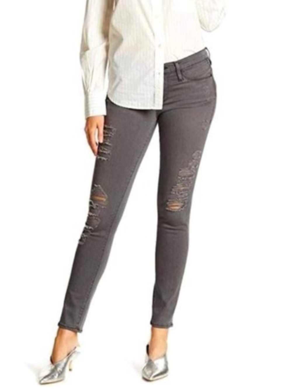 FRAME Le Skinny De Jeanne in Grey Shred Distressed